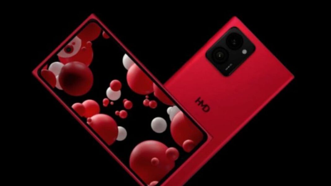 Red smartphone with abstract design and dual cameras.
