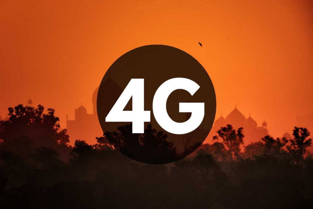 4G network icon over orange silhouette of city skyline.