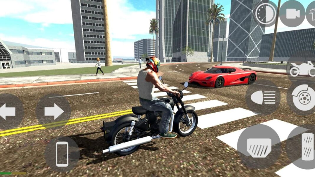 Motorcyclist and red sports car in urban video game.