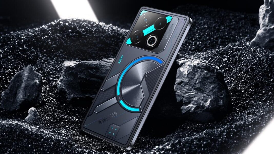 Futuristic smartphone on rocky surface