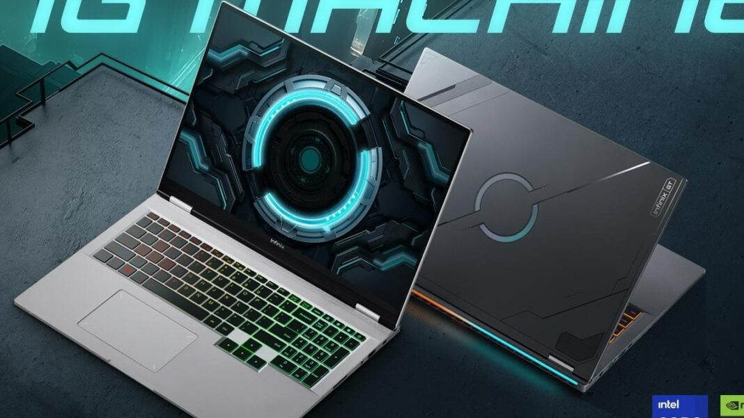 Futuristic gaming laptop with illuminated keyboard and unique design.