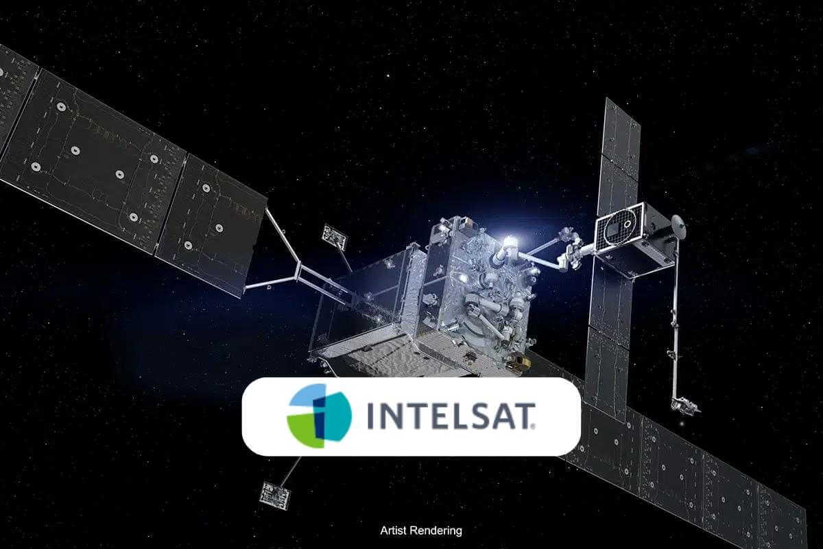 Satellite in space, artist rendering, Intelsat logo visible.