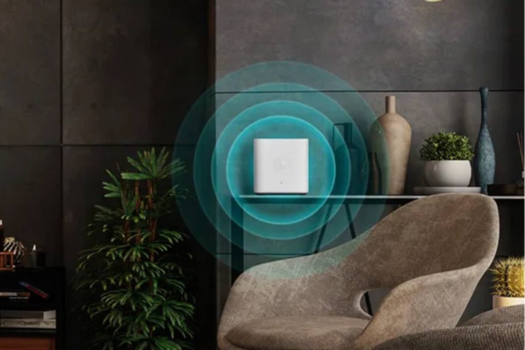 Modern smart switch on trendy dark living room wall.