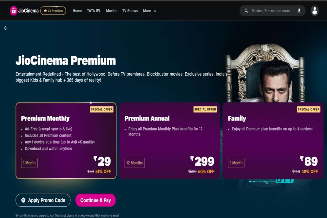 JioCinema Premium subscription plans with special offers.