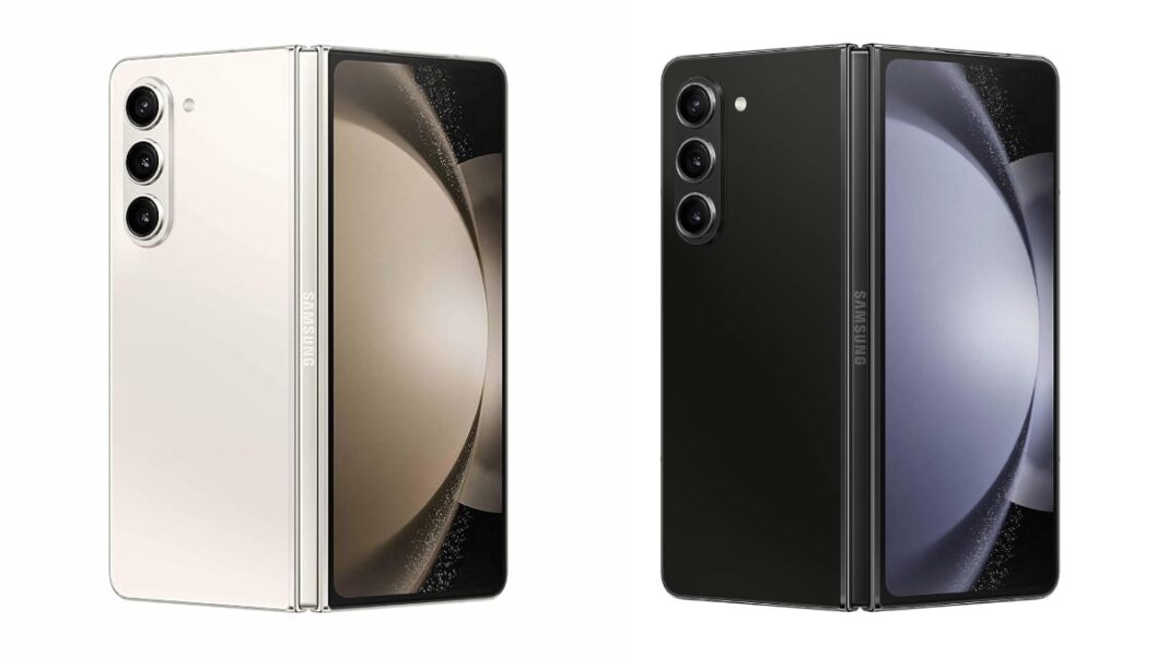 Foldable smartphones, black and beige, modern design.