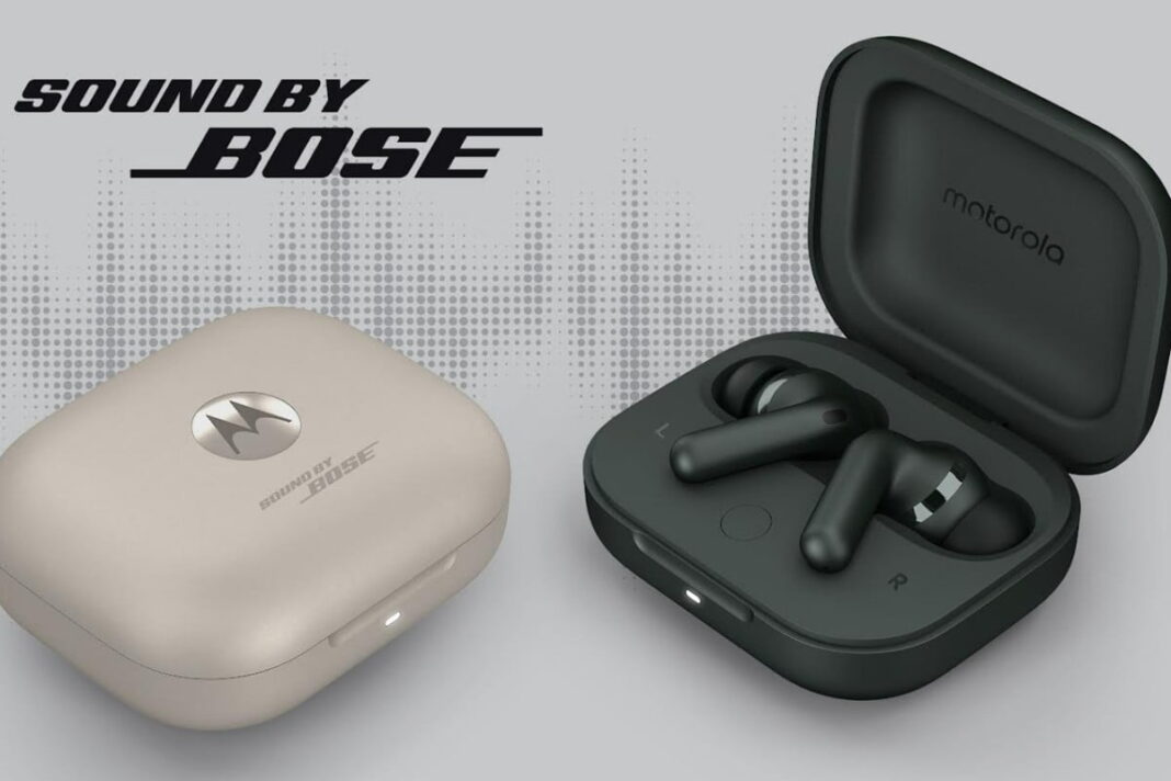 Motorola earbuds with Bose sound, charging case open.