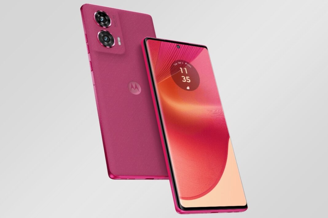 Pink Motorola smartphone with dual cameras.