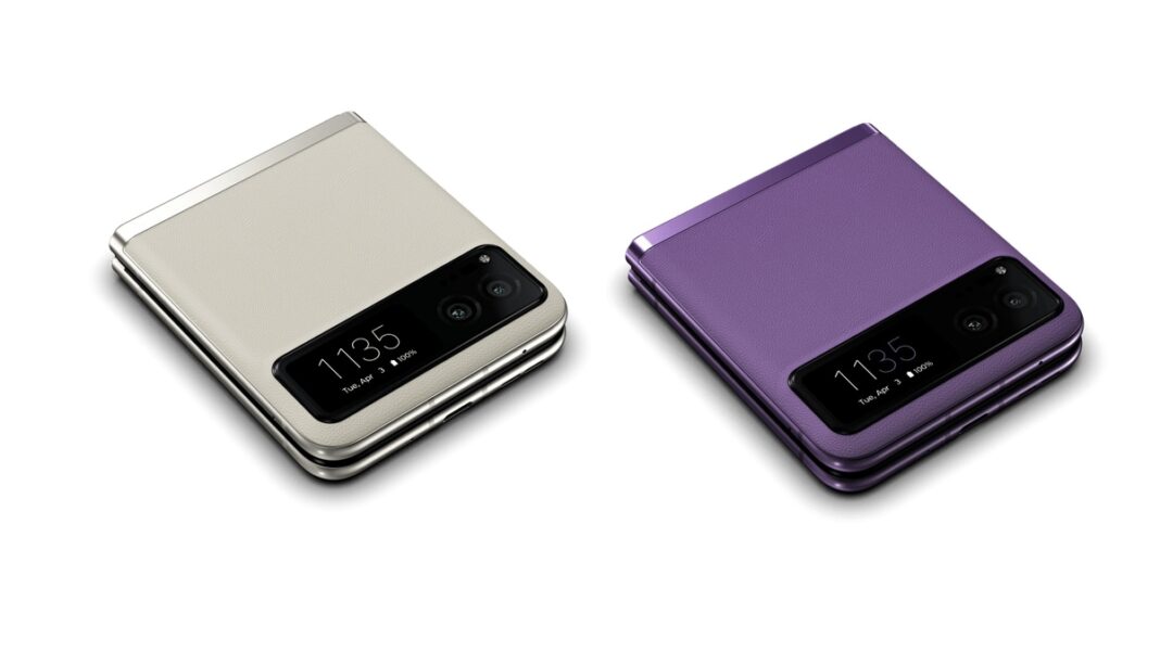 Two folded smartphones, cream and purple, display side up.
