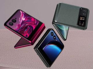 Foldable smartphones on purple background.