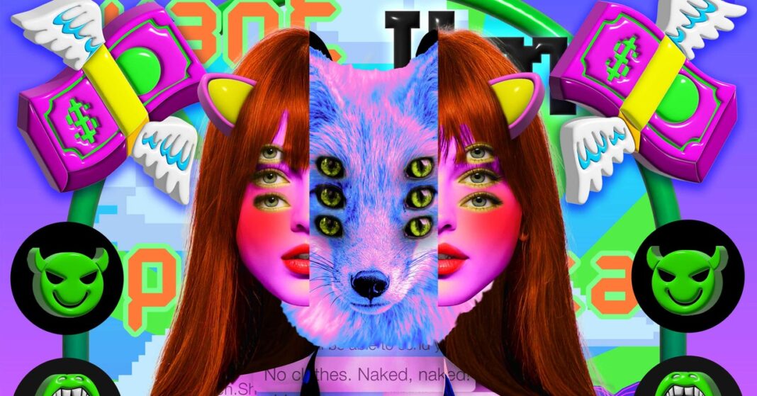 Surreal digital art with colorful, fox-faced female character.