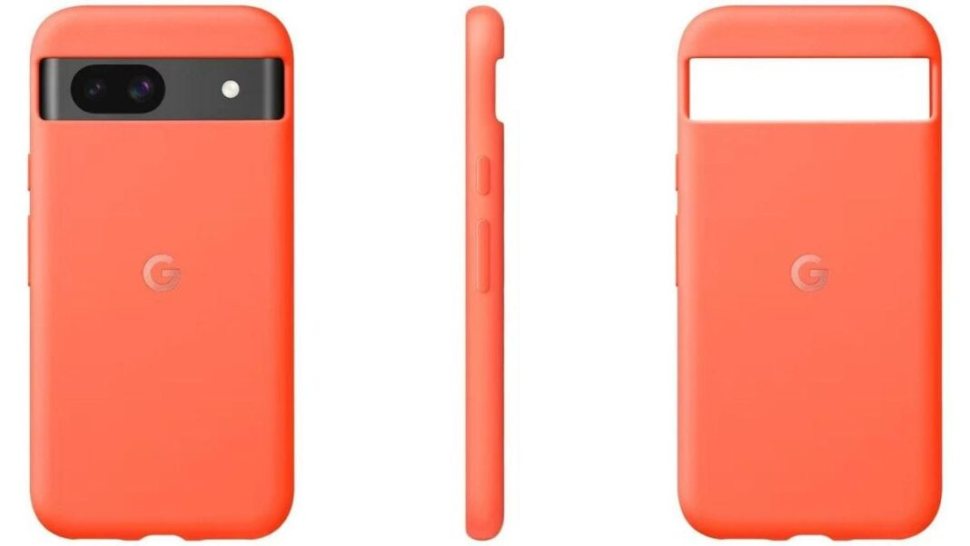 Orange Google smartphone with case, front, side, back view.