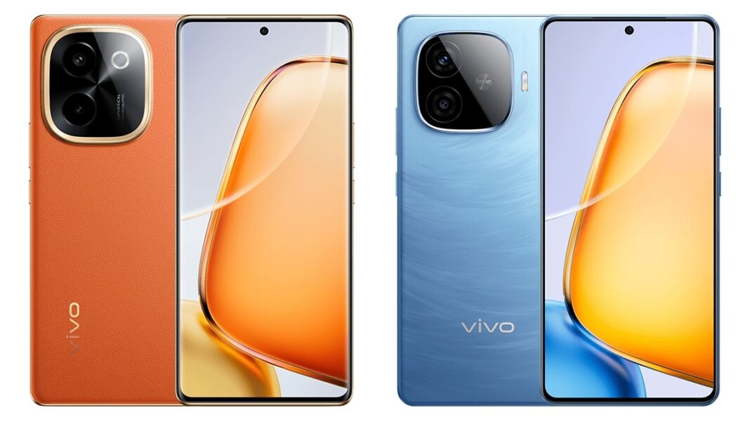 Two Vivo smartphones, orange and blue colors.