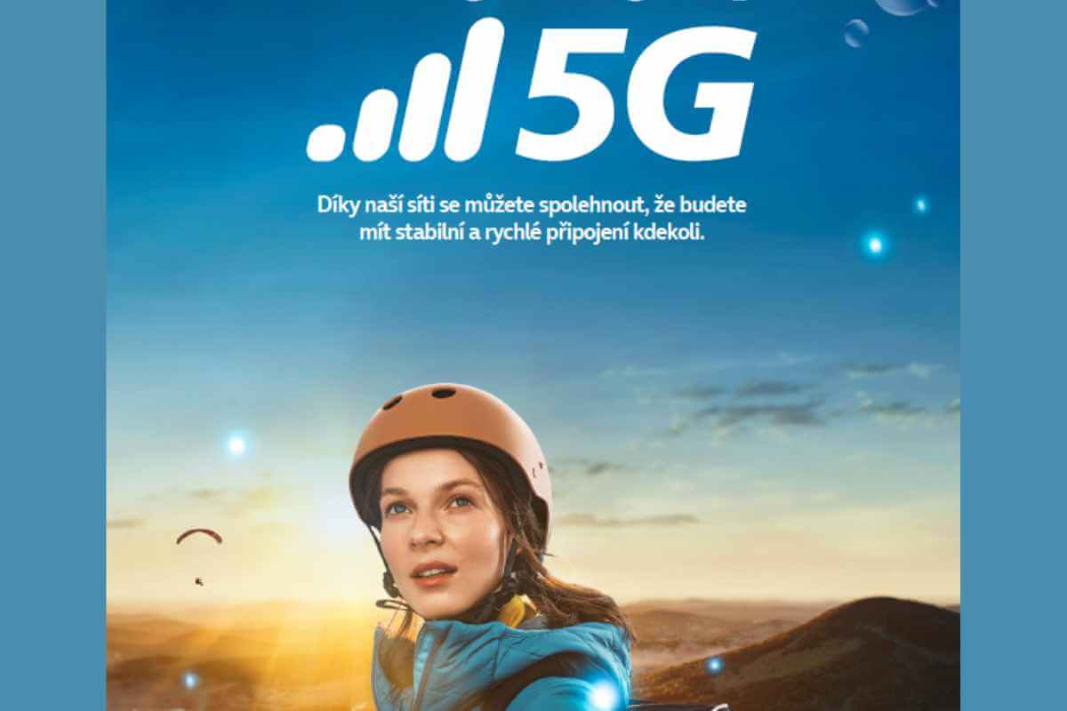 Woman with helmet, 5G network promotion, sunset background.