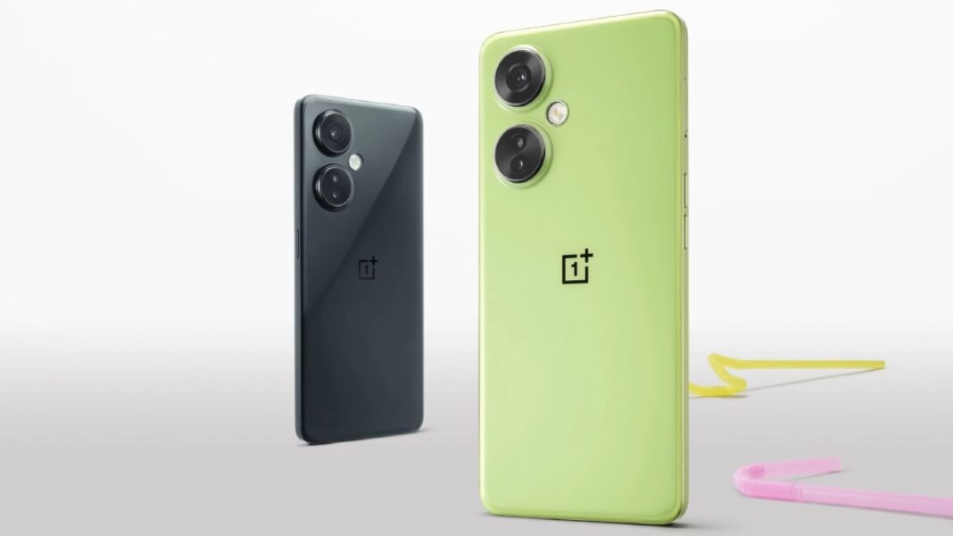 Two OnePlus smartphones, black and green, with logo visible.