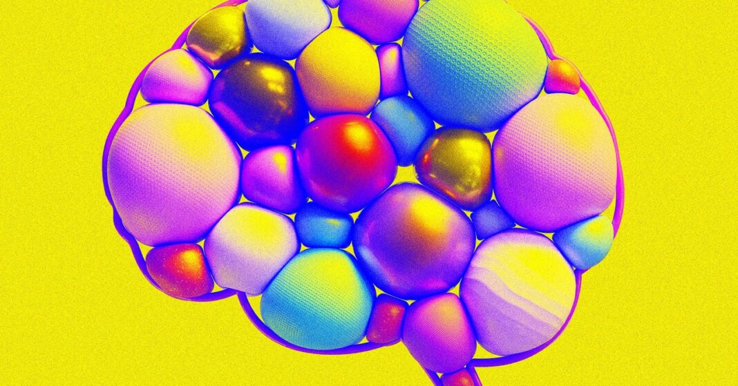 Colorful textured spheres on yellow background.