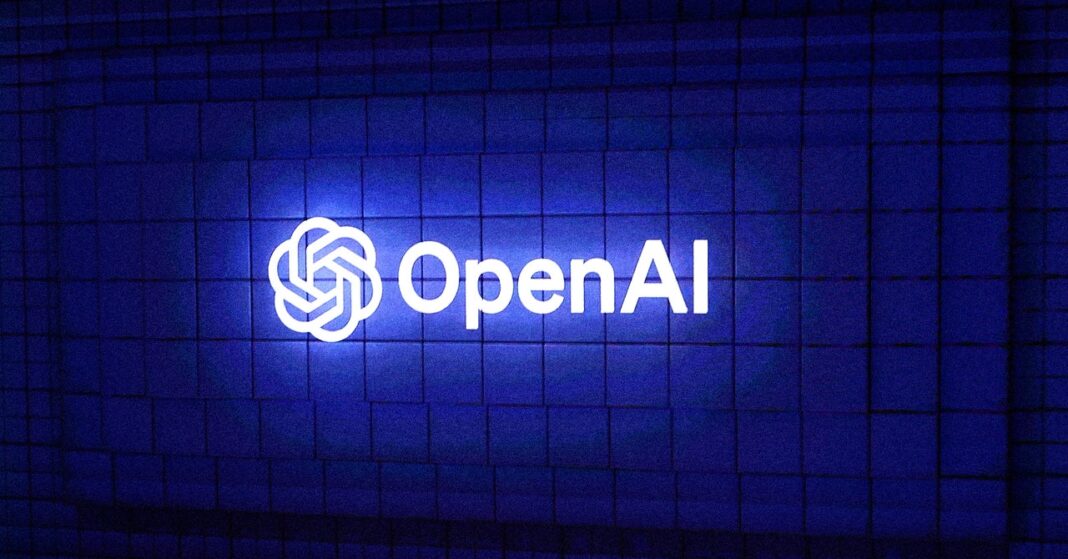 OpenAI logo illuminated on blue tiles.