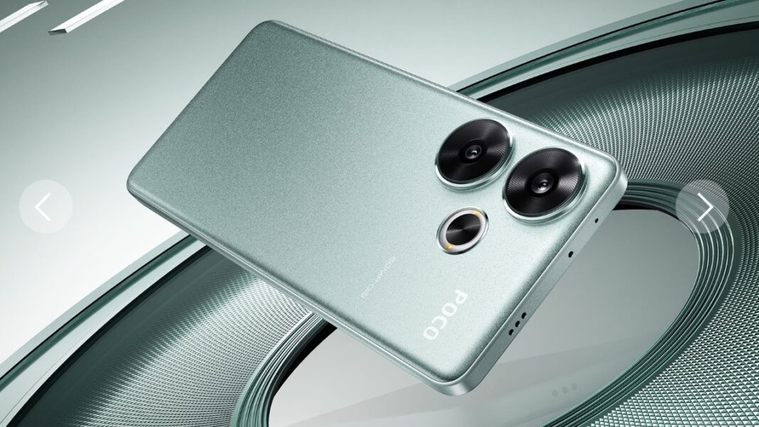 Green smartphone with triple cameras on textured background.