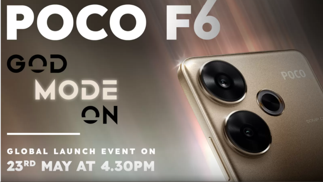 POCO F6 smartphone ad, gold, global launch event info.