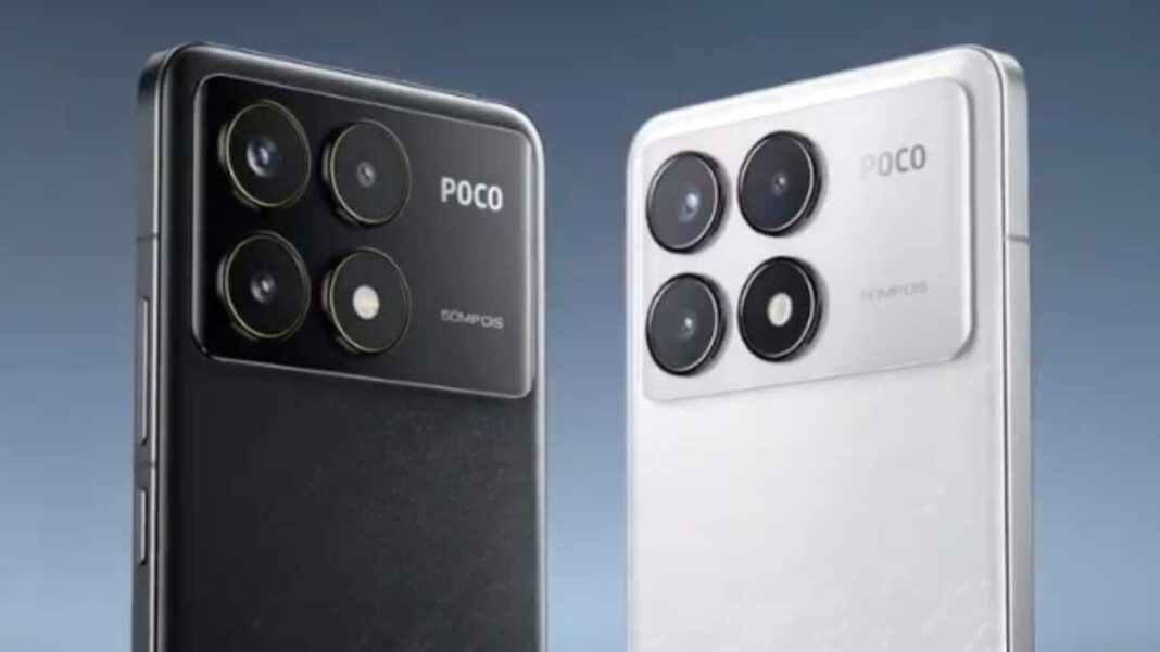 Black and white POCO smartphones showing rear cameras.