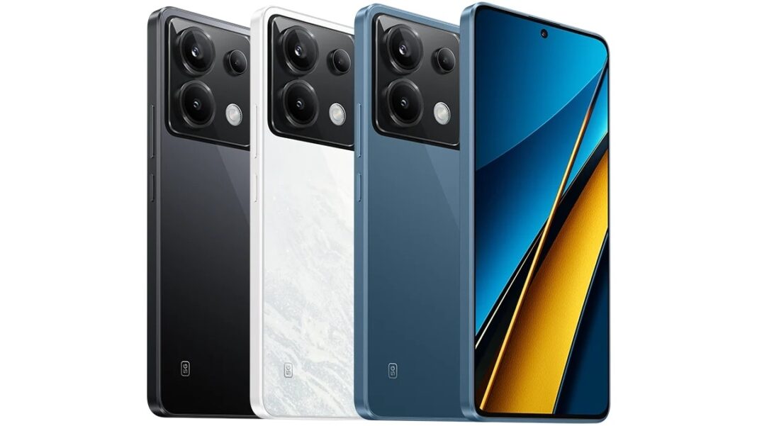 Three smartphones with quad cameras, black, white, blue.