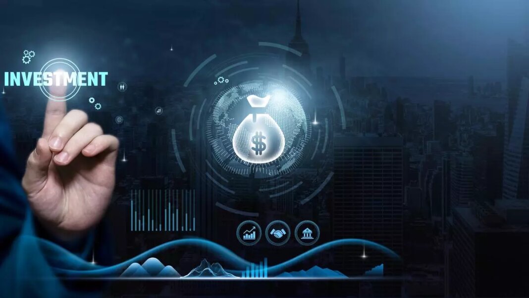 Person using futuristic investment interface with city background.