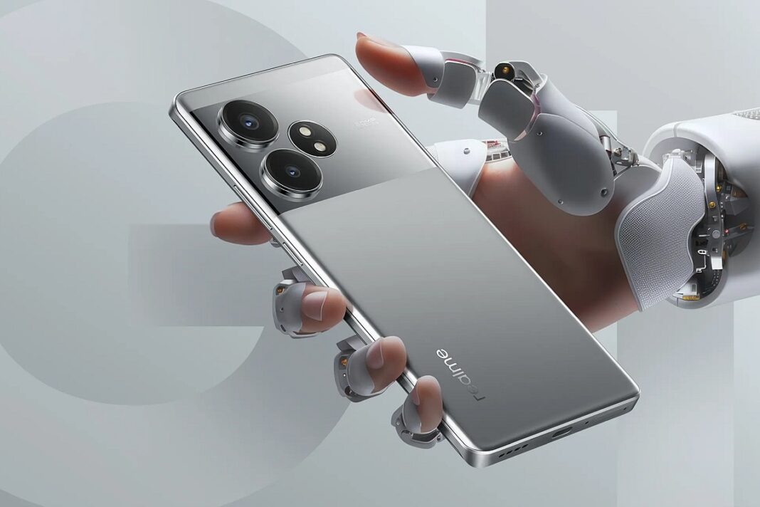 Robot hand holding modern smartphone.