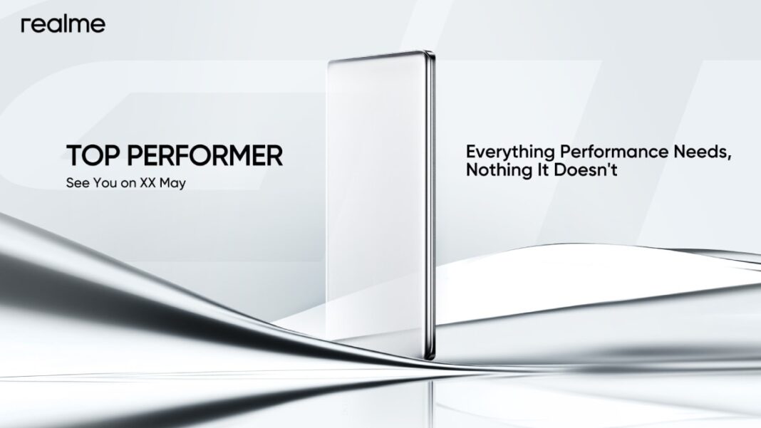 Realme smartphone ad, sleek design, performance tagline.