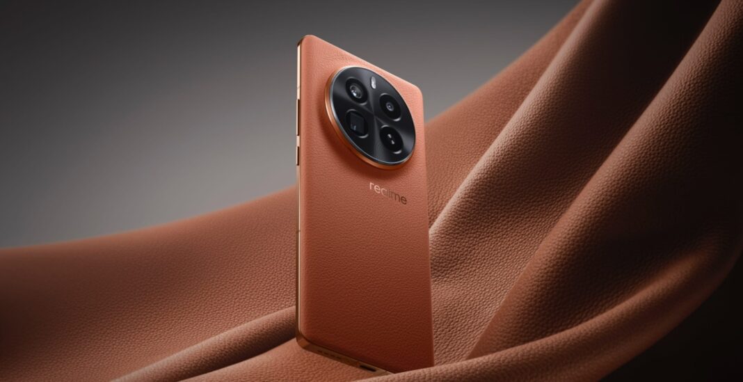 Leather-textured smartphone with triple camera setup.