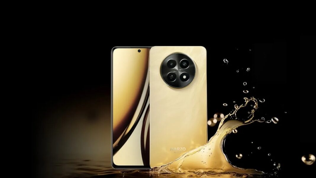 Golden smartphone splashing in water on black background.