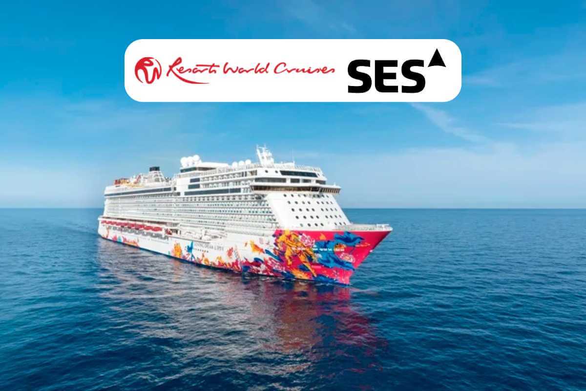 Colorful cruise ship at sea with company logos.
