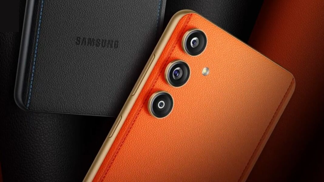Orange leather smartphone with triple camera setup.