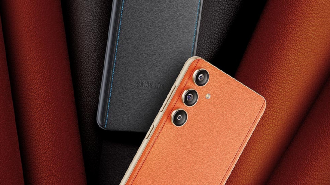 Samsung smartphones on textured background.