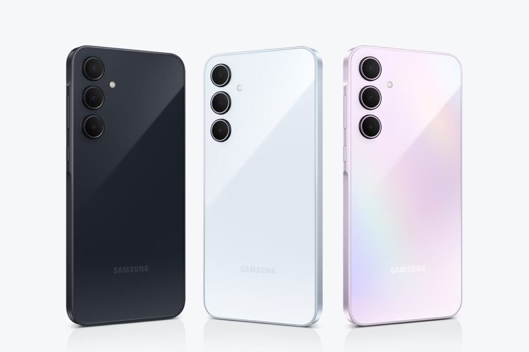 Three Samsung smartphones, various colors, rear view.