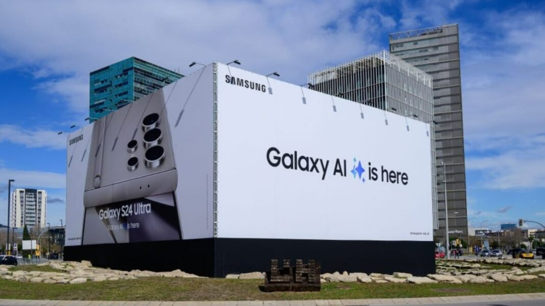 Samsung Galaxy AI billboard in urban landscape.
