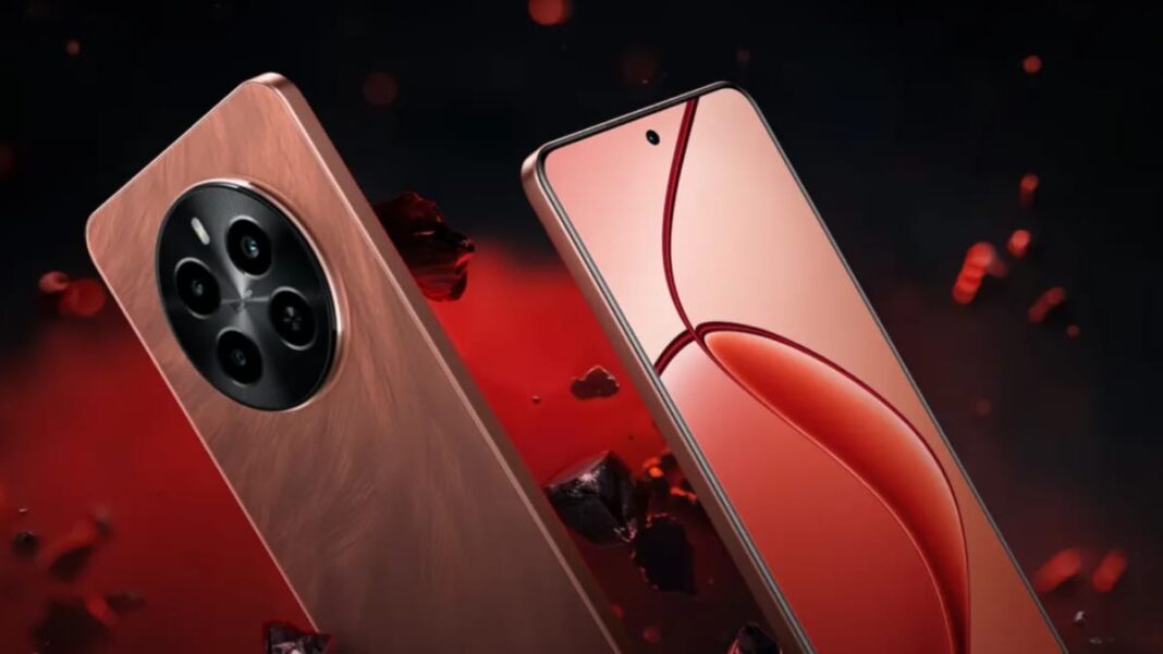 Rose gold smartphone with triple camera design.
