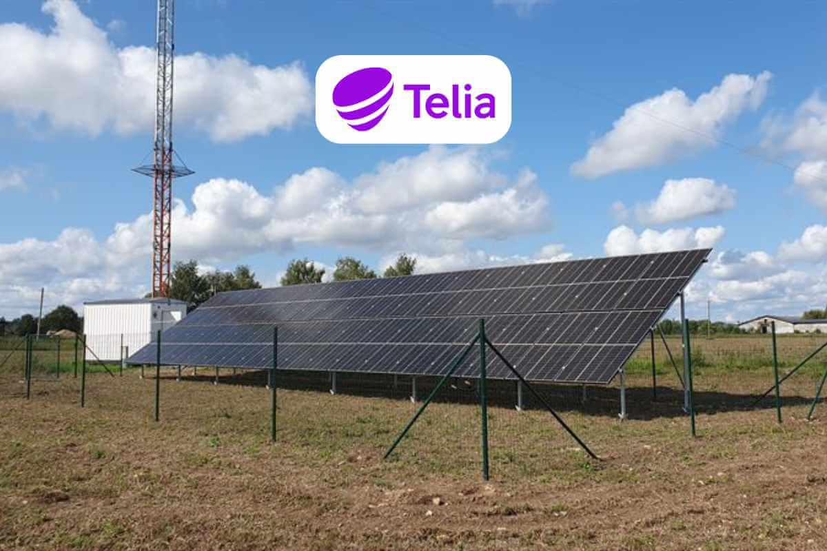 Solar panels near telecommunications tower in field.