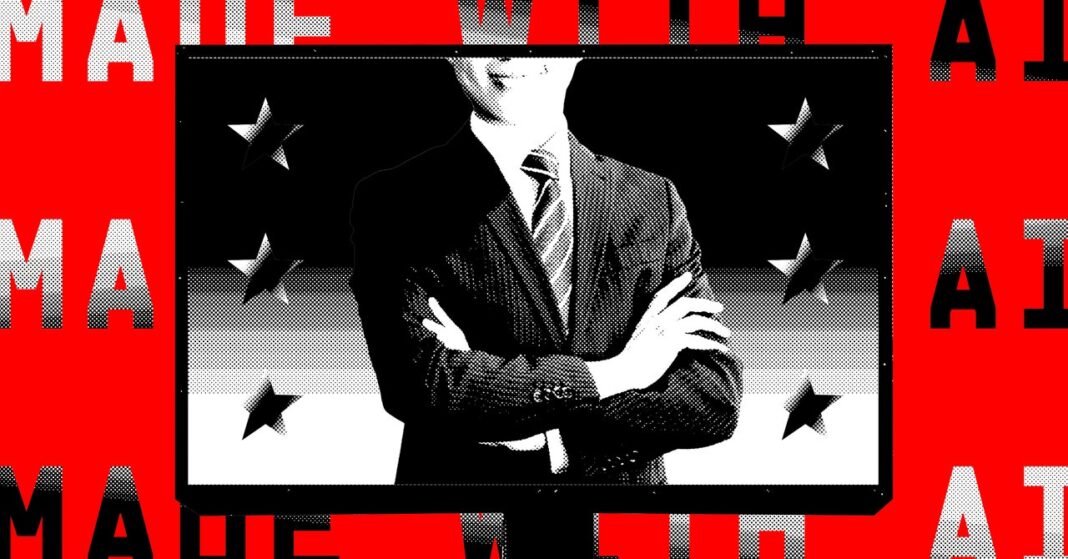 Businessman graphic with crossed arms and patriotic backdrop.