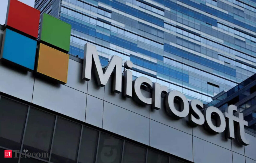 Microsoft logo on corporate building facade
