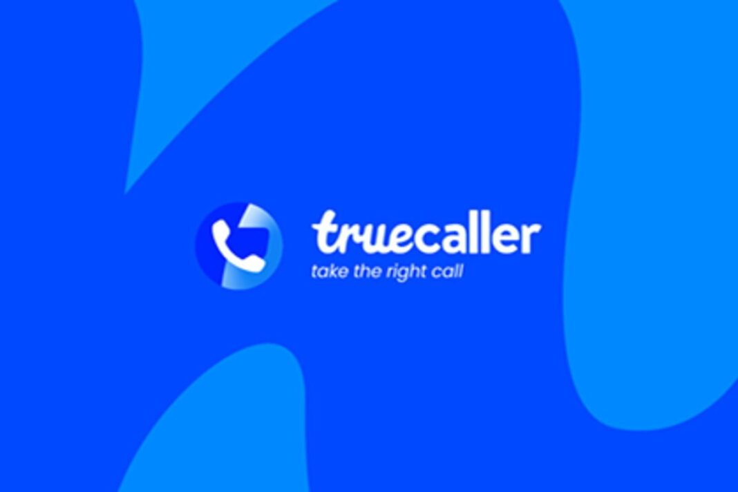 Truecaller logo with tagline on blue background.