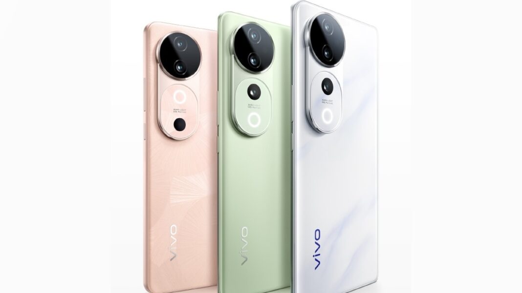 Three Vivo smartphones in rose, green, white colors.