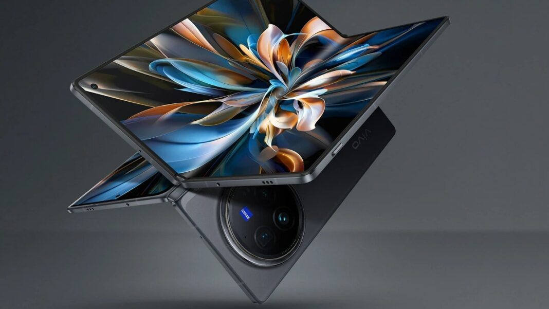 Foldable smartphone with vibrant display and rear camera.