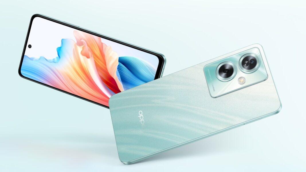 OPPO smartphone with dual camera on blue background.