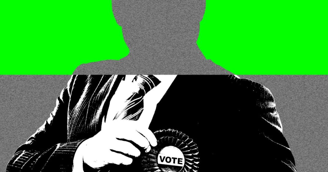 Person holding "Vote" badge, green background.
