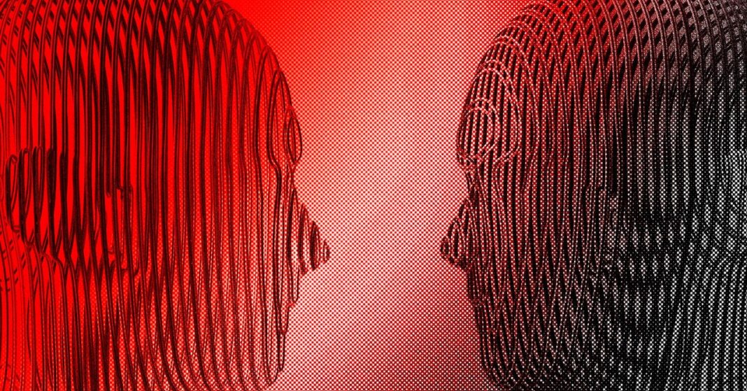 Red and black optical illusion of facing profiles.