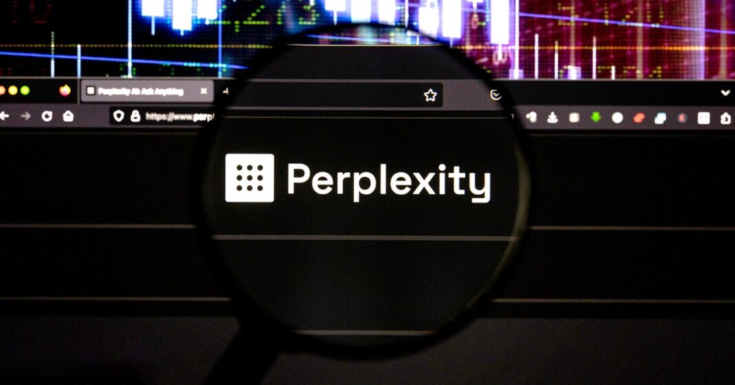 Magnifying glass viewing 'Perplexity' logo on computer screen.