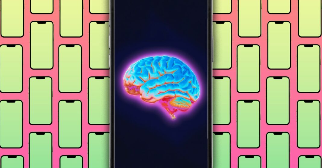 Colorful brain illustration on phone screens background.