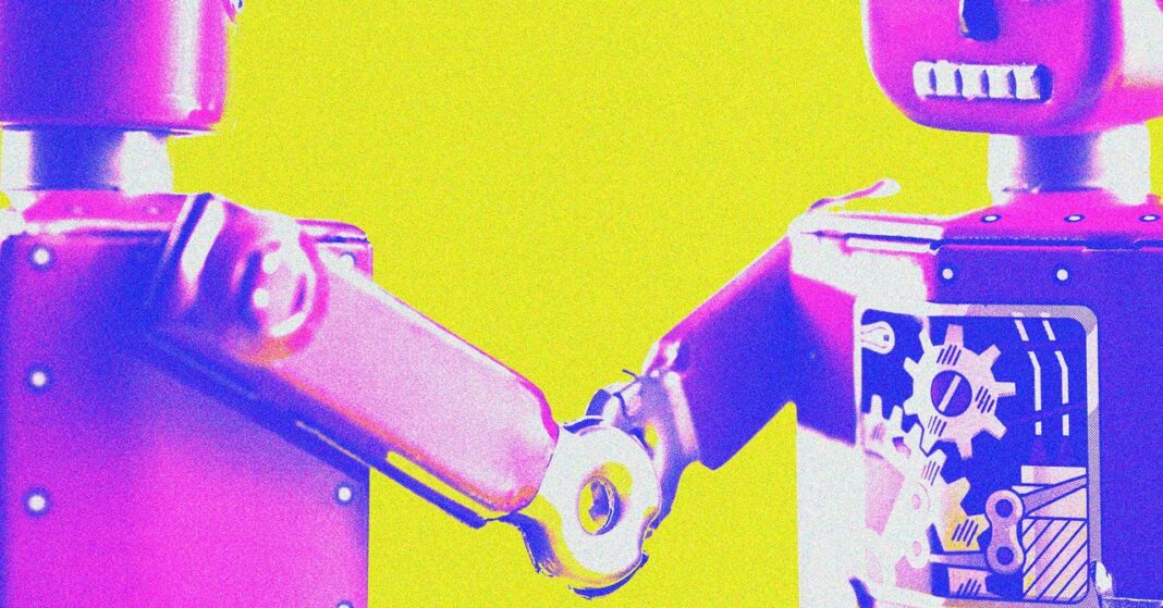 Vintage robots shaking hands, colorful background.