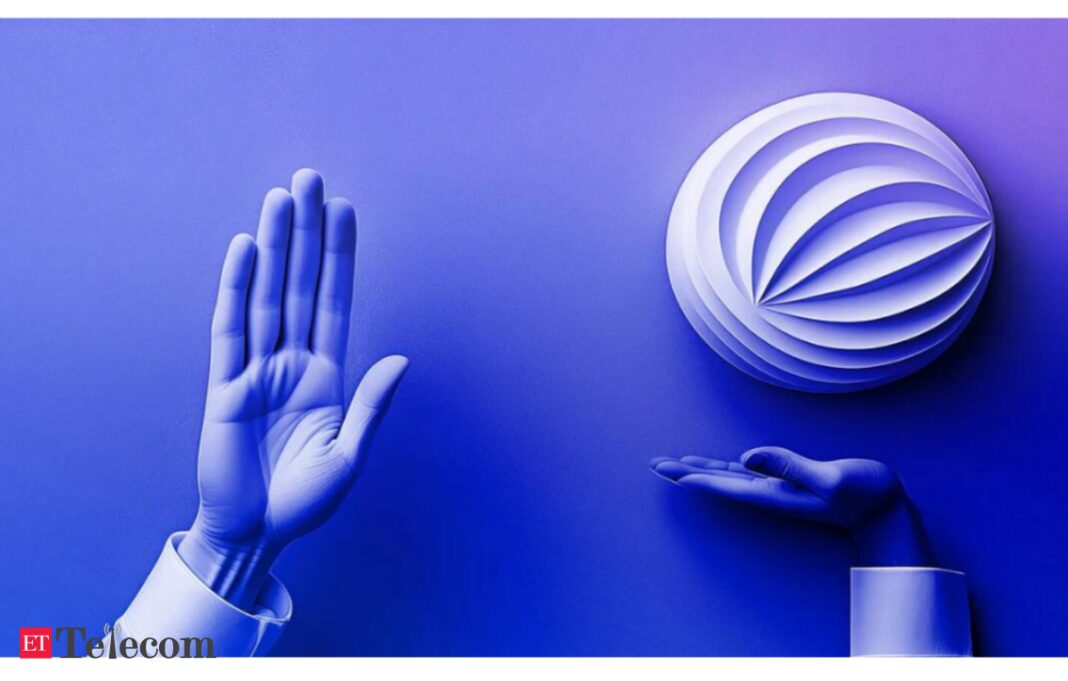 Blue artwork with hands and spherical layers.