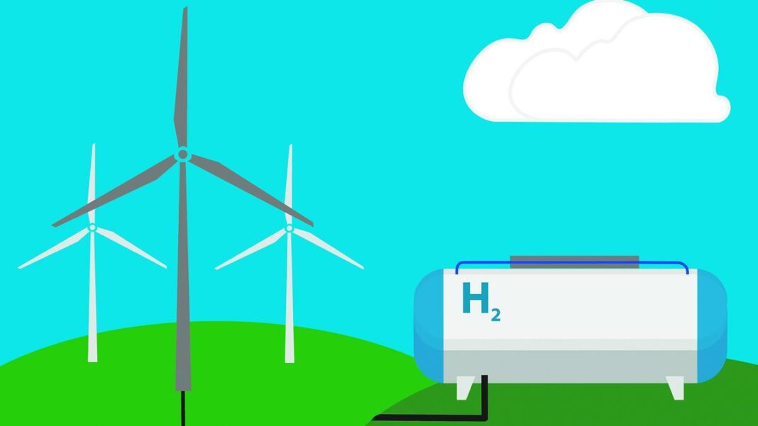 Wind turbines and hydrogen storage tank illustration.