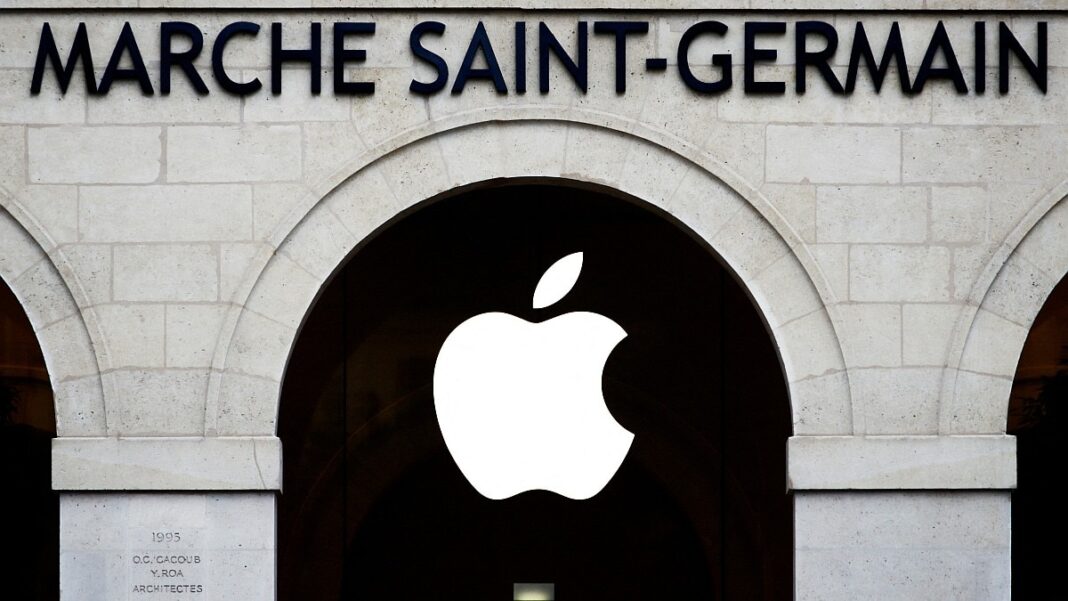 Apple logo above Marché Saint-Germain entrance.